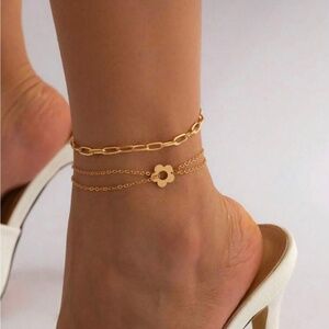 Gold Plated Stainless Steel 2pc Flower Pendant Chain Anklet Set